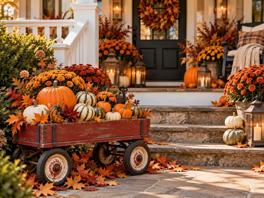 Vintage Wagon Filled with Pumpkins - fall front porch decor ideas