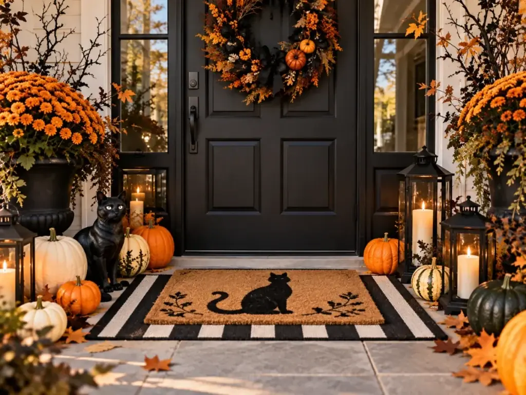 Black Cat Welcome Mat Vignette - halloween front door decor ideas