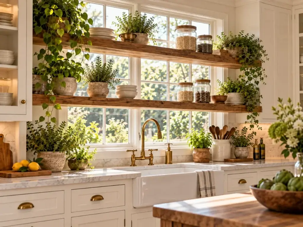 Rustic Wood Floating Shelves by the Window - modern farmhouse kitchen ideas