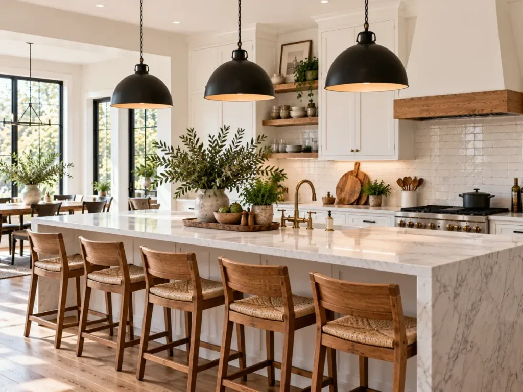 Black Pendant Lights Over the Island - modern farmhouse kitchen ideas