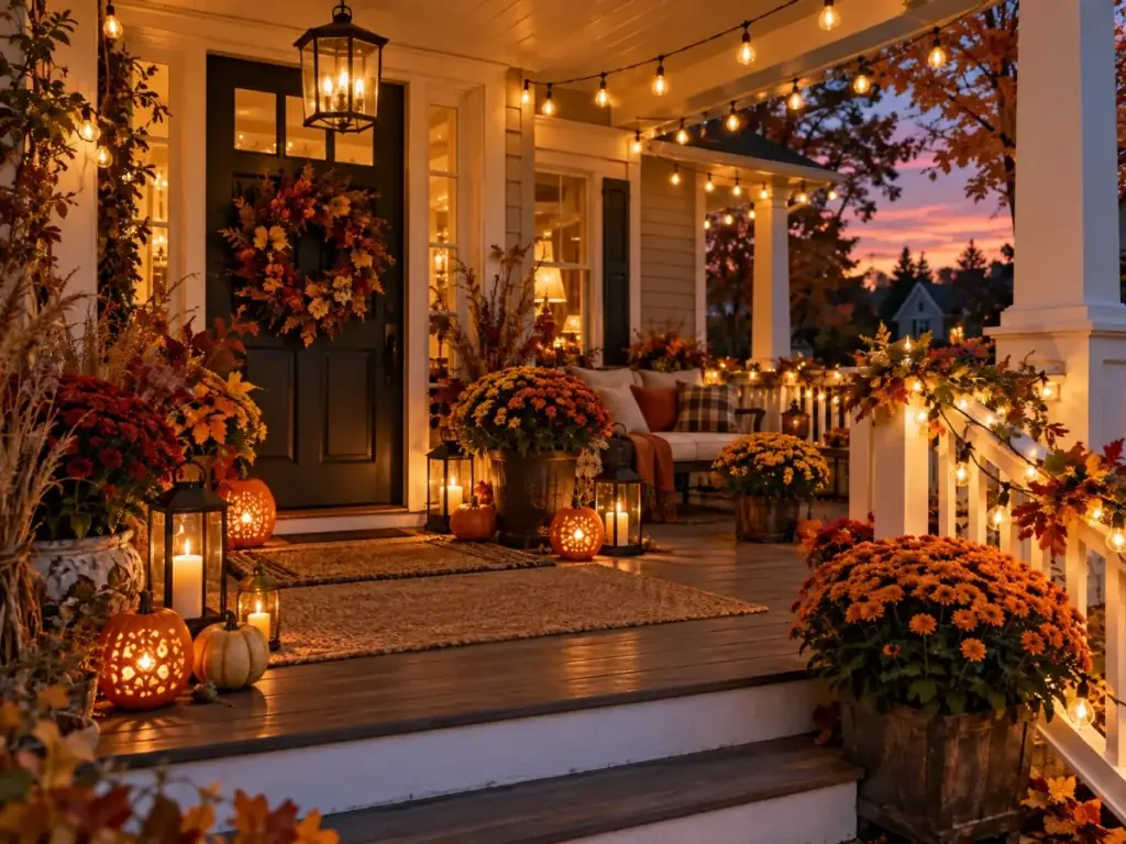 String Lights Along the Porch - fall front porch decor ideas