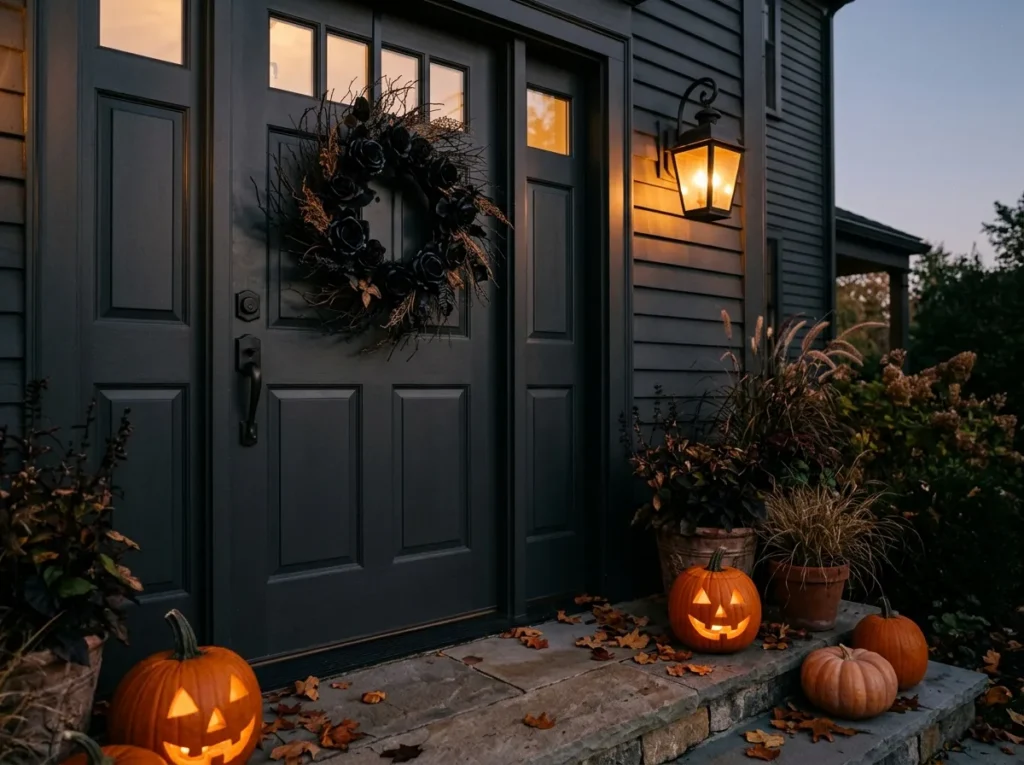 Classic Black Rose Wreath - halloween front door decor ideas