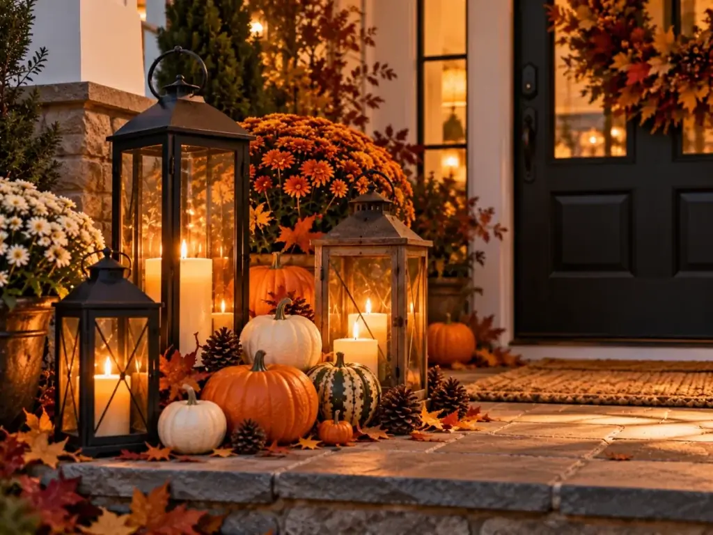 Lanterns with Flickering Candles - fall front porch decor ideas