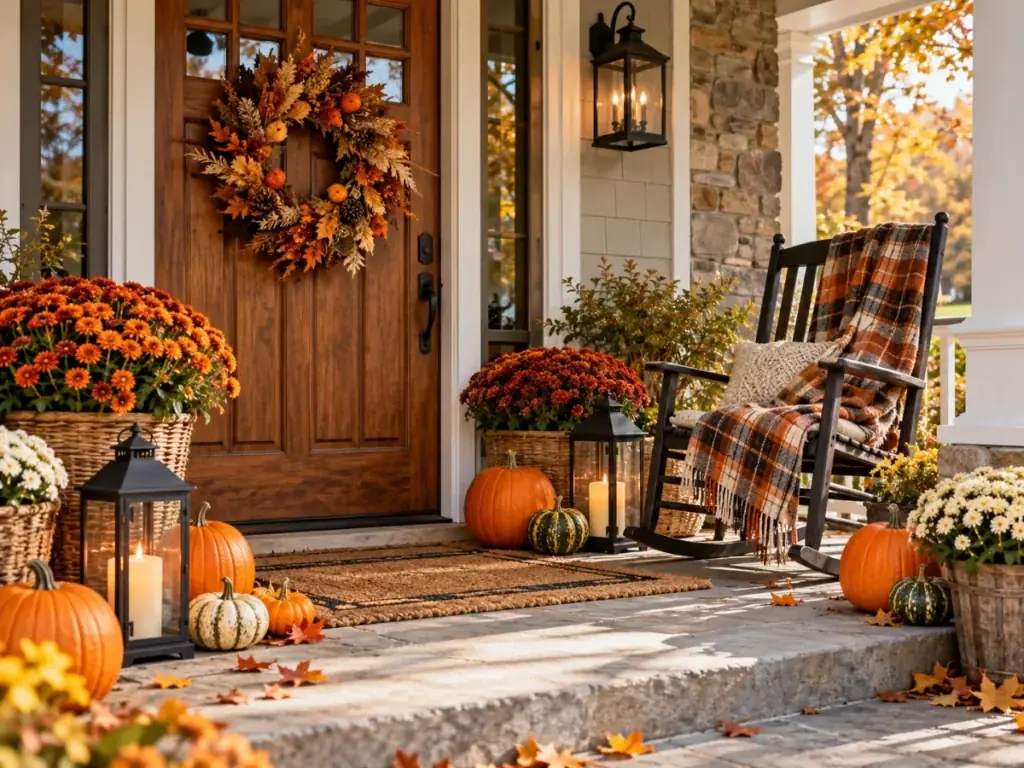 Cozy Plaid and Pumpkins - halloween front door decor ideas