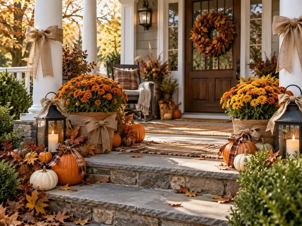 Burlap and Ribbon Accents - fall front porch decor ideas