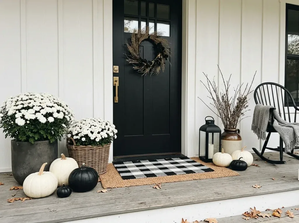 Elegant Black and White Porch - halloween front door decor ideas