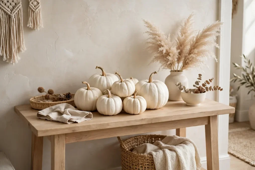 White Pumpkin Cluster on the Entry Table - neutral fall decor ideas