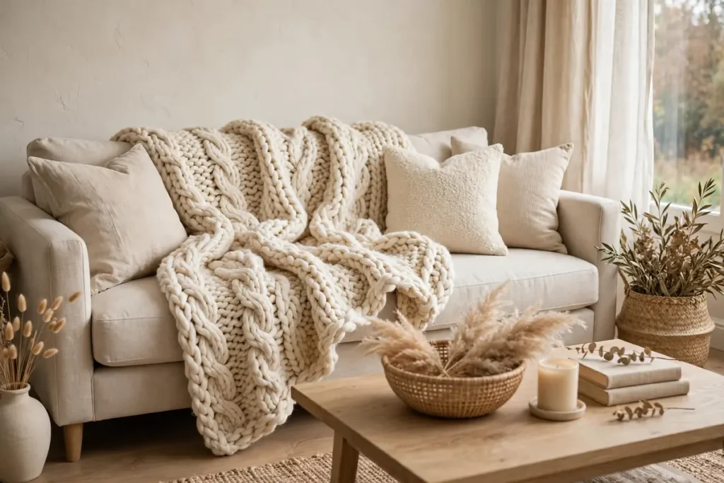 Cream Chunky Knit Throw on the Sofa - neutral fall decor ideas