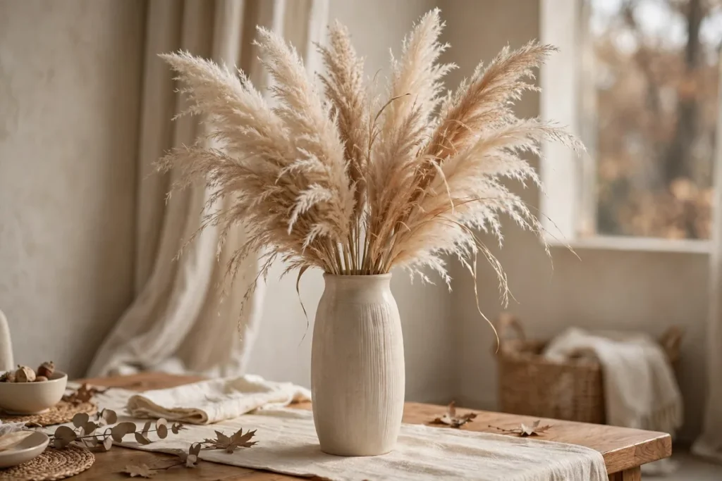 Dried Pampas Grass in a Tall Vase - neutral fall decor ideas