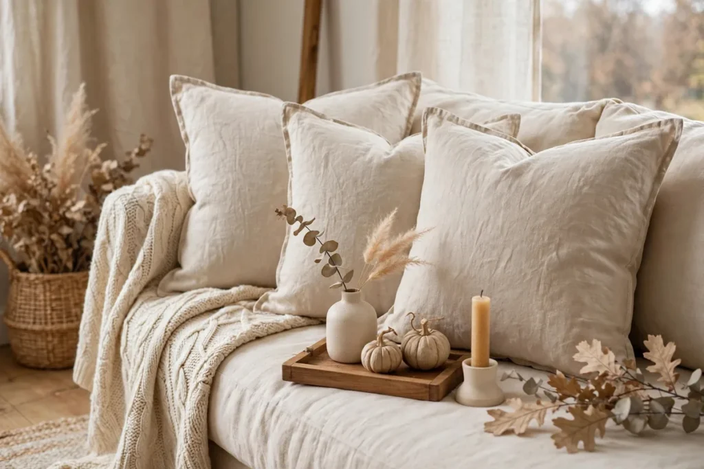 Beige Linen Pillow Covers - neutral fall decor ideas