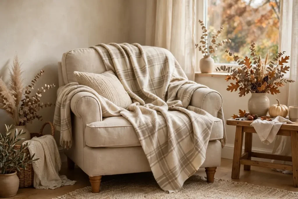 Neutral Plaid Blanket Over the Armchair - neutral fall decor ideas
