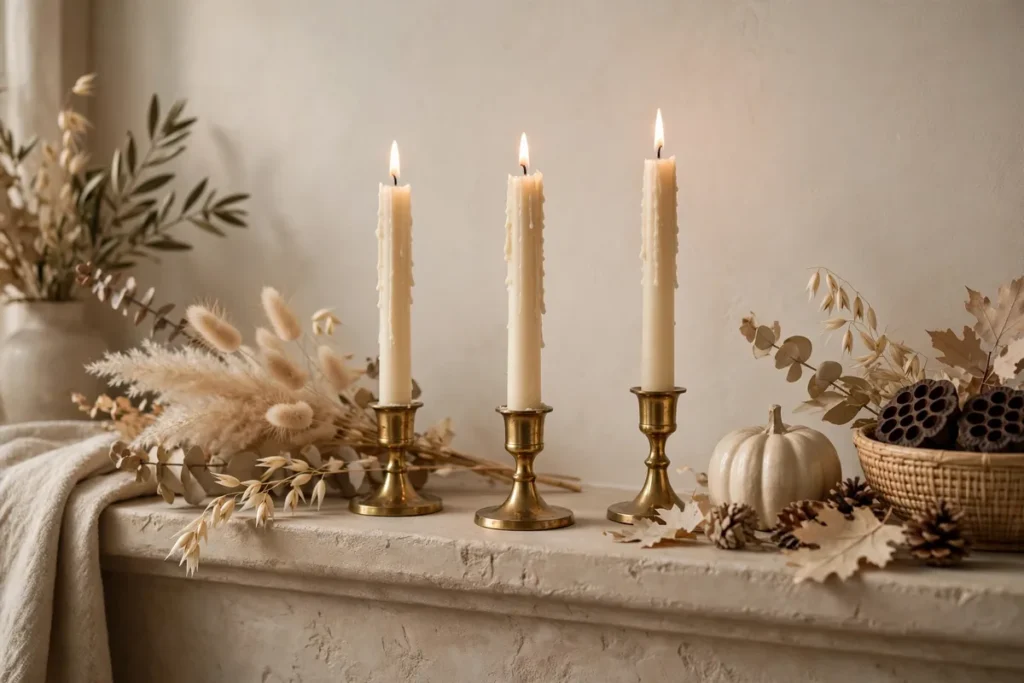Cream Taper Candles in Brass Holders - neutral fall decor ideas