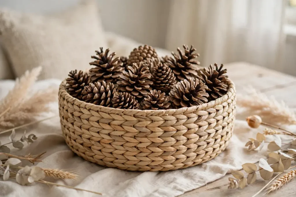 Woven Basket of Pinecones - neutral fall decor ideas
