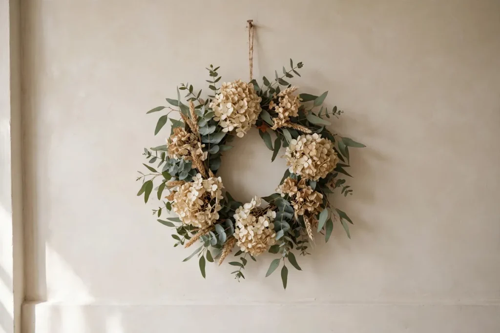 Eucalyptus and Dried Hydrangea Wreath - neutral fall decor ideas