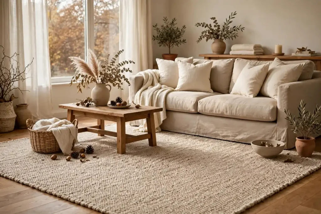 Oatmeal Colored Area Rug - neutral fall decor ideas