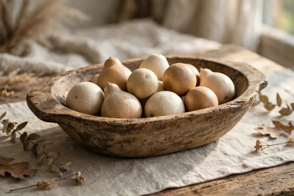 Wooden Dough Bowl Filled with Gourds - neutral fall decor ideas