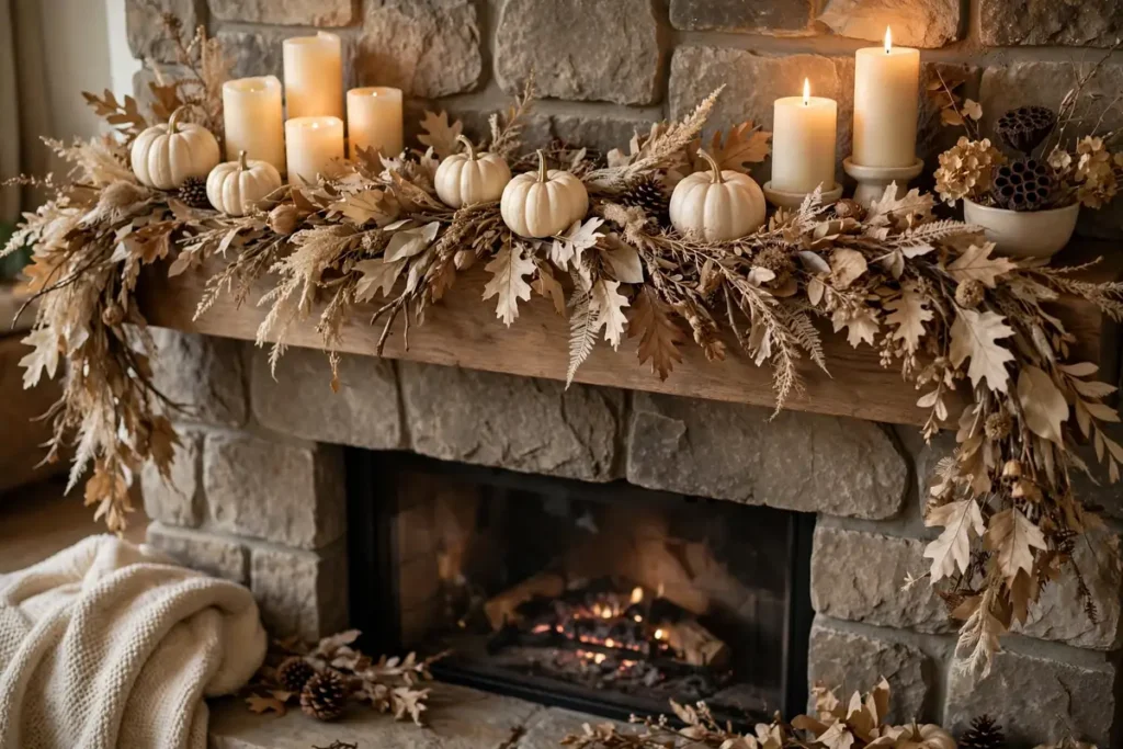 Neutral Mantel Garland with Dried Leaves - neutral fall decor ideas