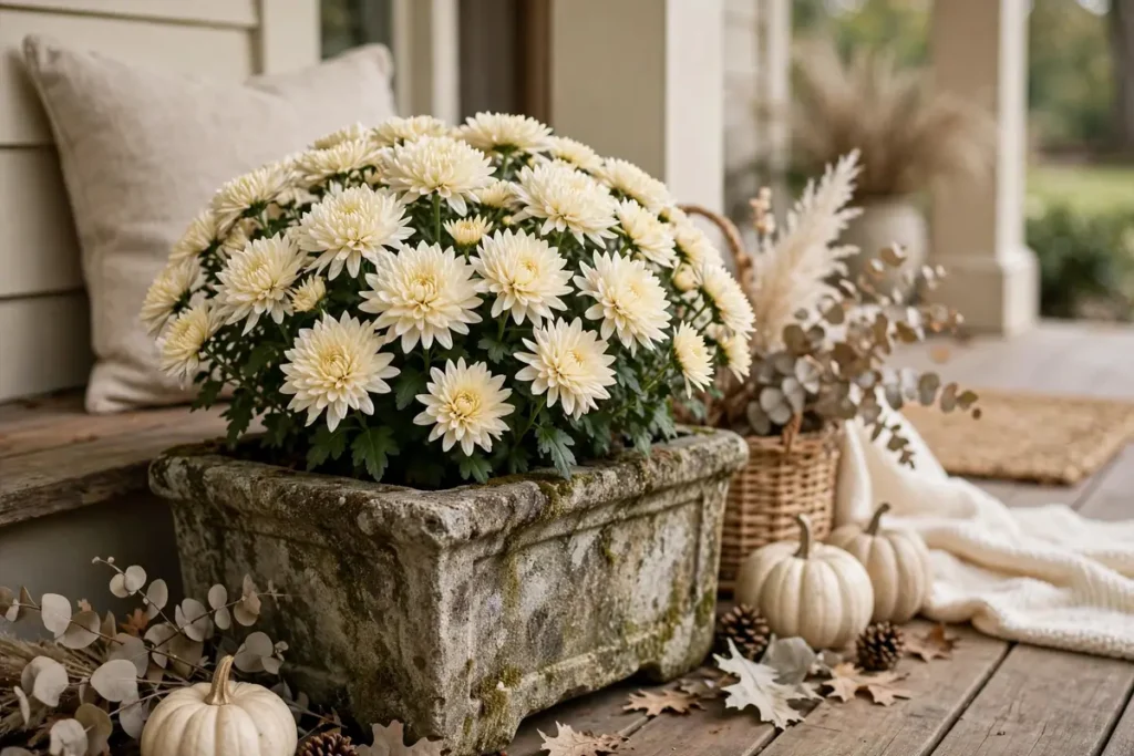 Cream Mums in a Stone Planter - neutral fall decor ideas