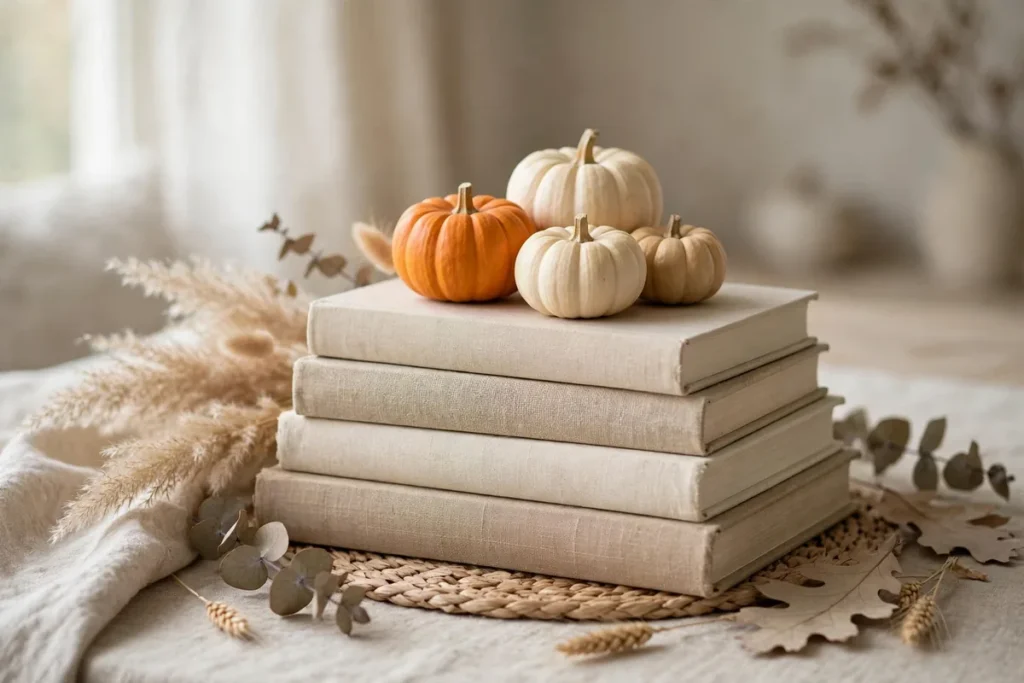 Stacked Books with Mini Pumpkins - neutral fall decor ideas