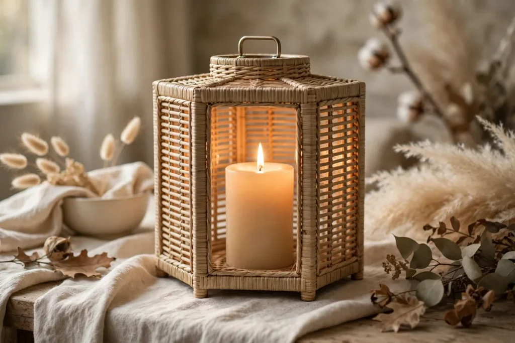Rattan Lantern with Pillar Candle - neutral fall decor ideas
