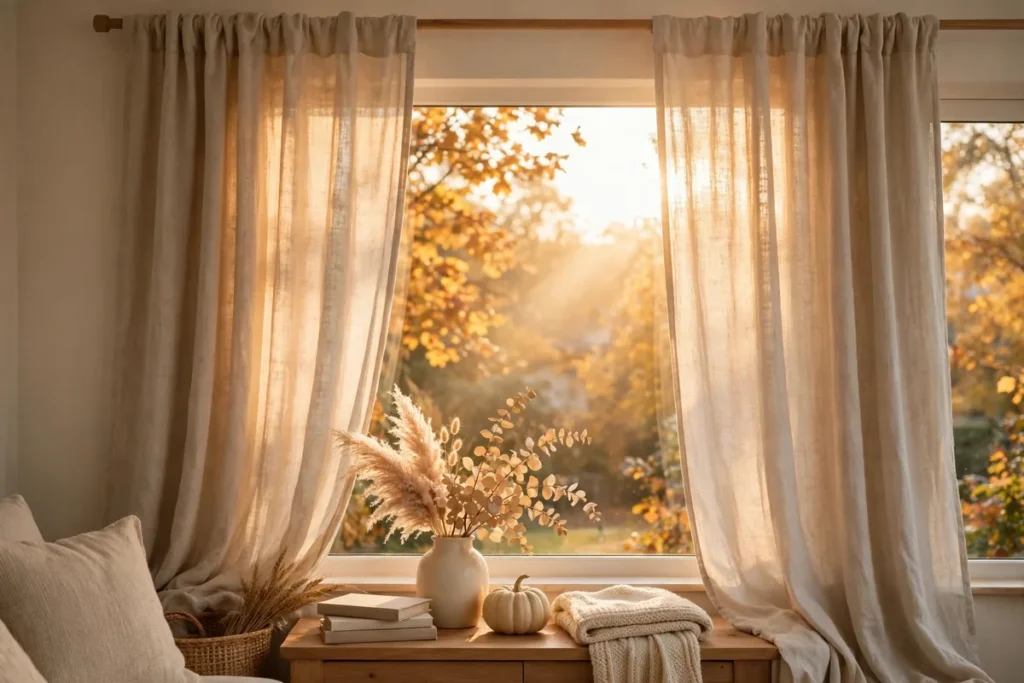 Soft Beige Curtains for Autumn Light - neutral fall decor ideas