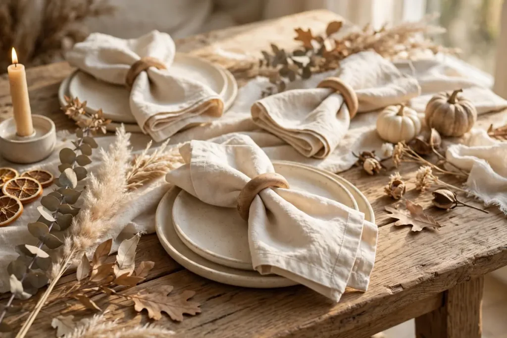 Linen Napkins with Wooden Rings - neutral fall decor ideas