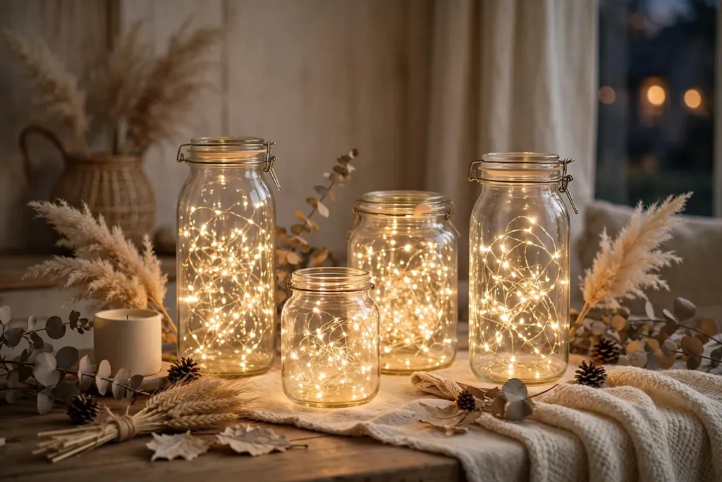 Warm White Fairy Lights in Glass Jars - neutral fall decor ideas