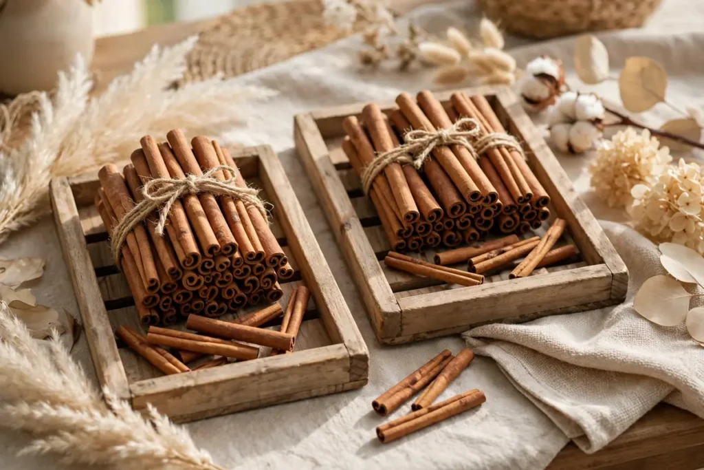 Cinnamon Stick Bundles on Trays - neutral fall decor ideas
