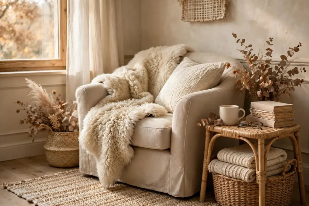 Cozy Reading Nook with Sheepskin - neutral fall decor ideas