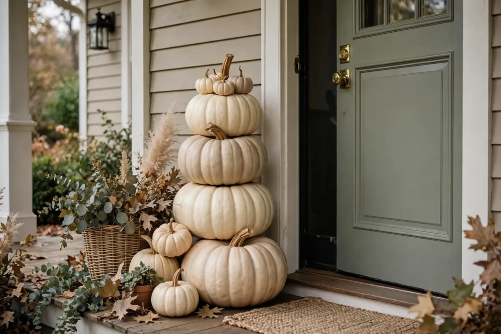 Neutral Front Porch Pumpkin Stack - neutral fall decor ideas