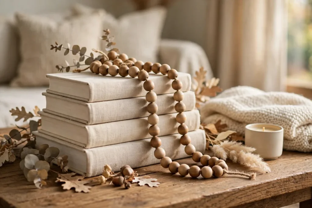Natural Wood Bead Garland - neutral fall decor ideas