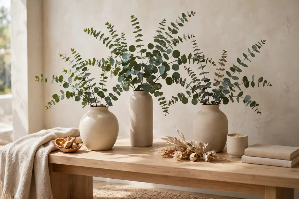 Eucalyptus Branches in Neutral Vases - neutral fall decor ideas