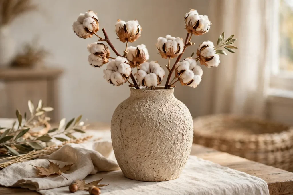 Textured Ceramic Vase with Cotton Stems - neutral fall decor ideas
