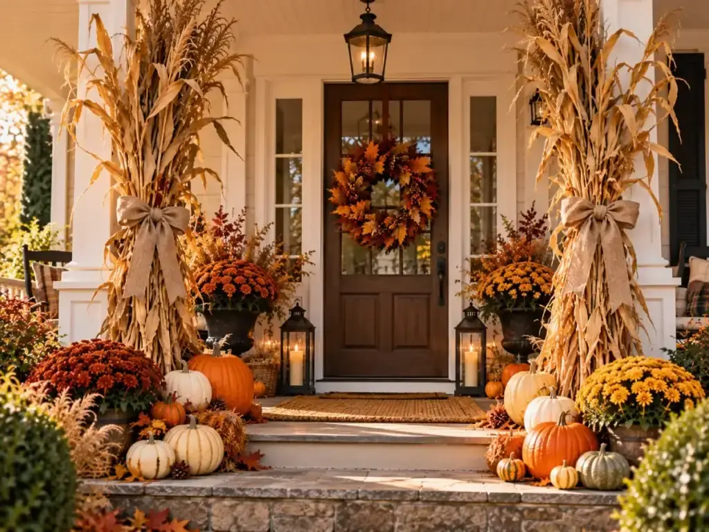 Corn Stalks on Porch Columns - fall front porch decor ideas