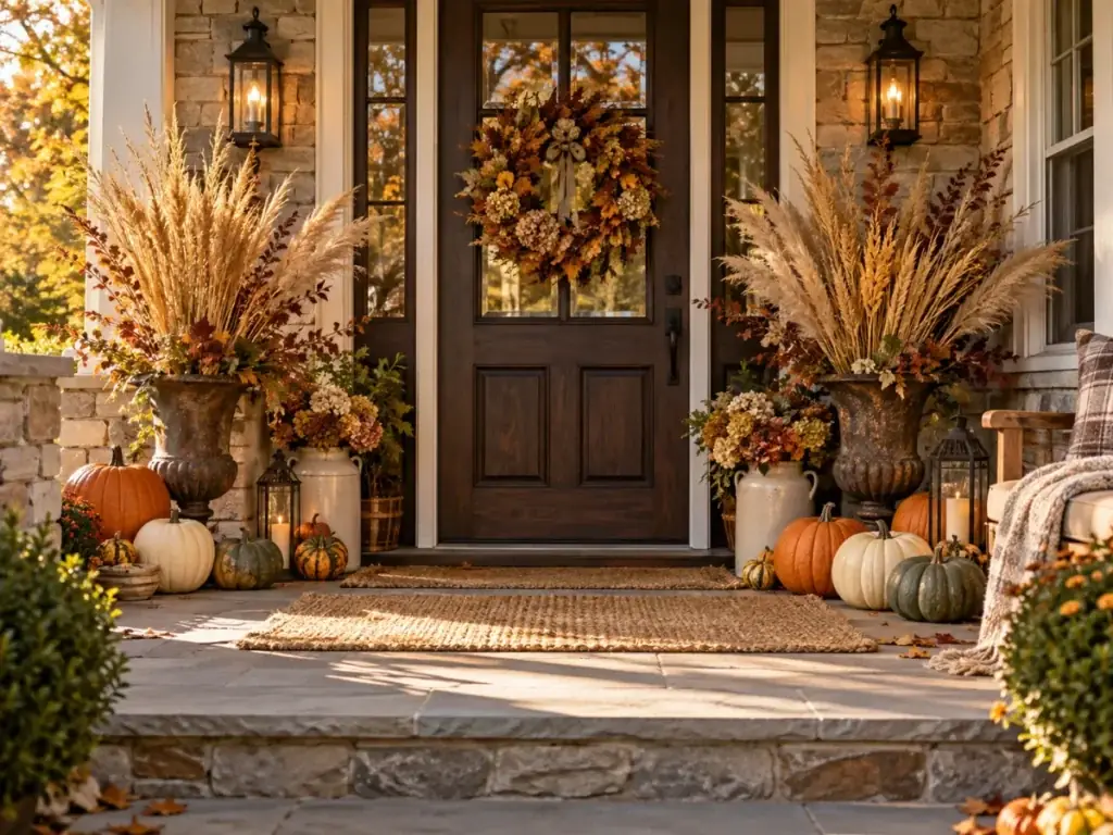 Wheat Bundles and Dried Grasses - fall front porch decor ideas