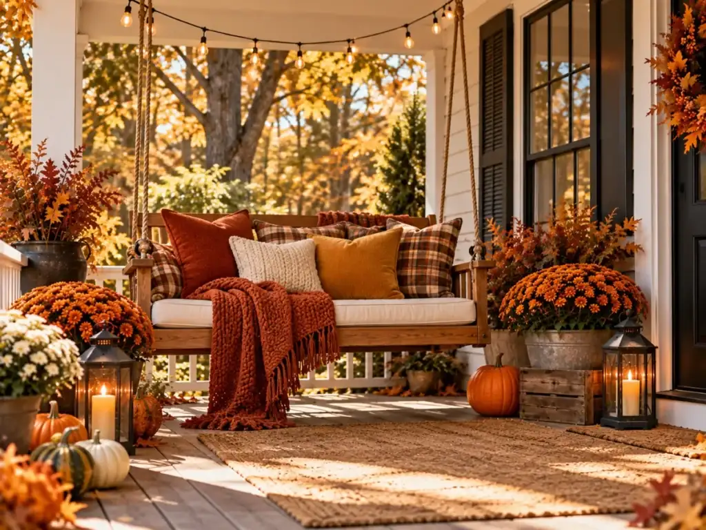 Porch Swing with Fall Pillows - fall front porch decor ideas