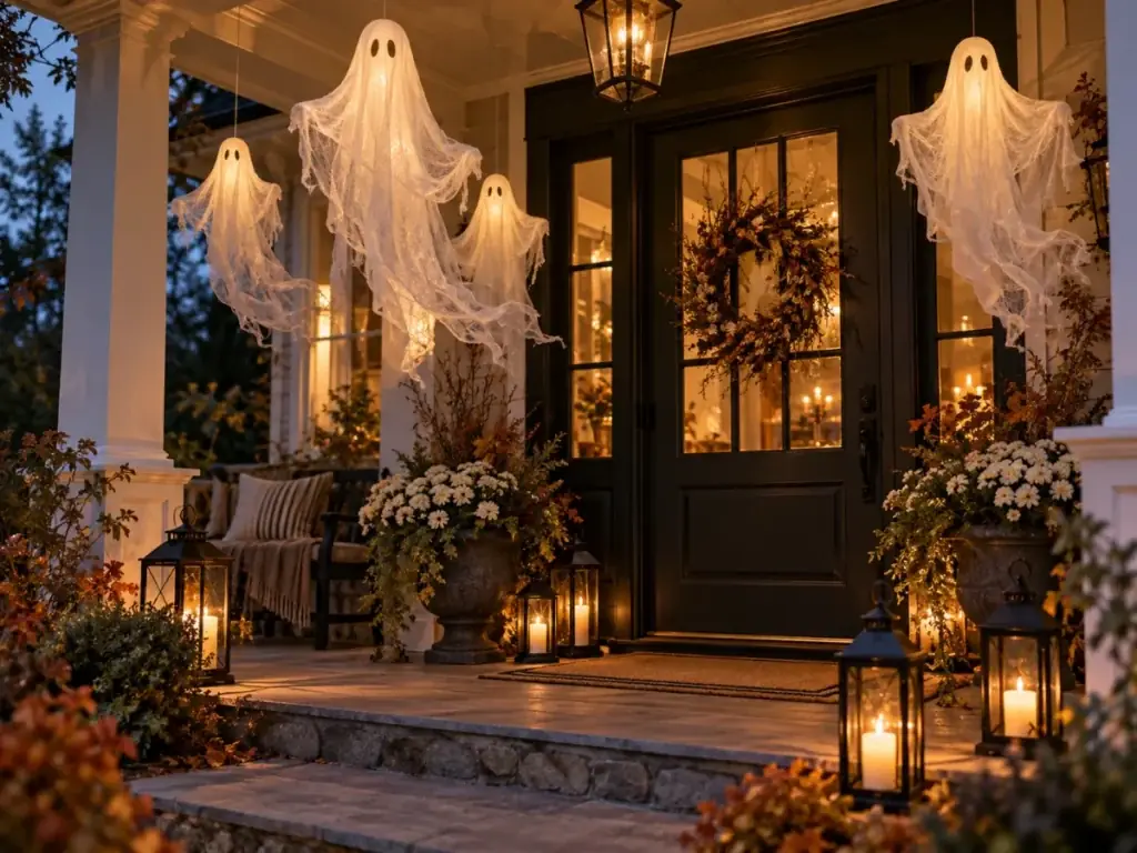 Ghostly Cheesecloth Ghosts - halloween front door decor ideas
