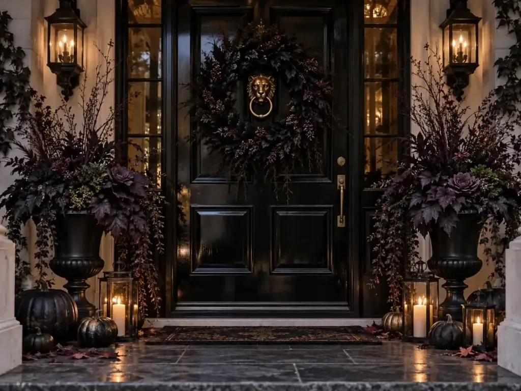 Gothic Black Front Door Makeover - halloween front door decor ideas