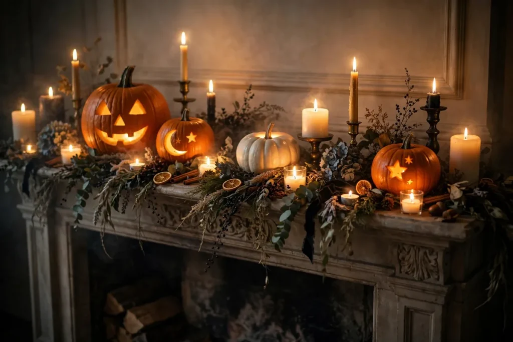 Candlelit Pumpkin Mantel - indoor halloween decor ideas