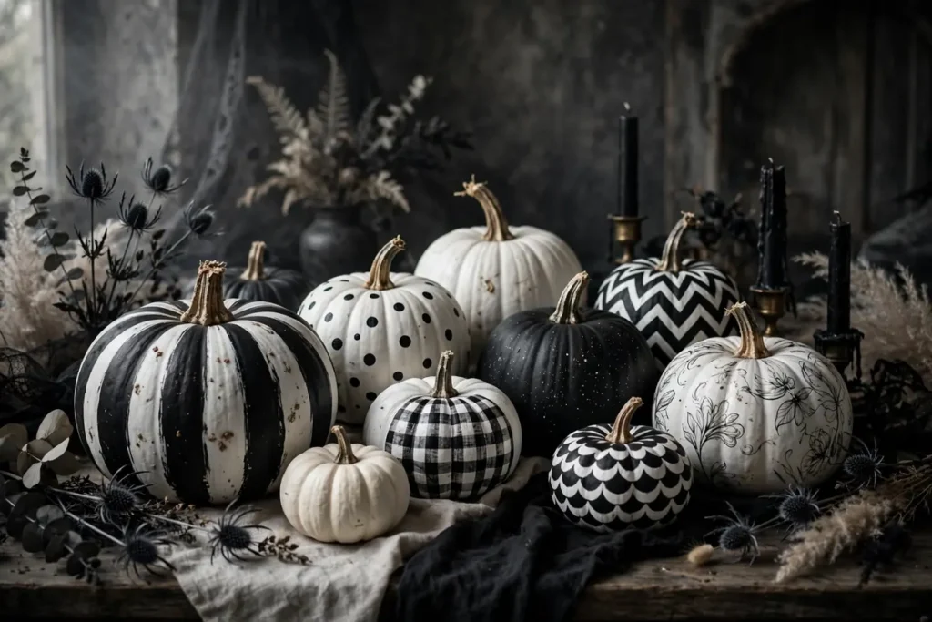 Moody Black and White Pumpkin Collection - indoor halloween decor ideas