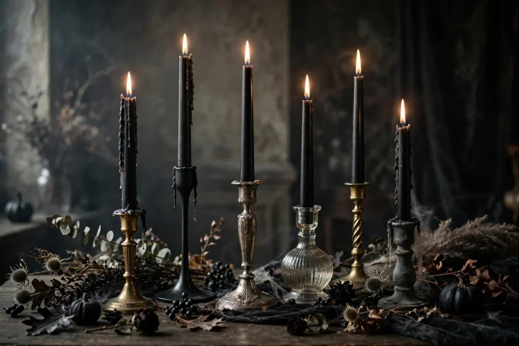 Black Taper Candles in Mixed Candlesticks - indoor halloween decor ideas