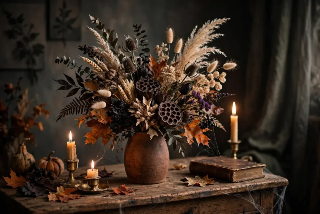 Dried Flower Halloween Bouquet - indoor halloween decor ideas