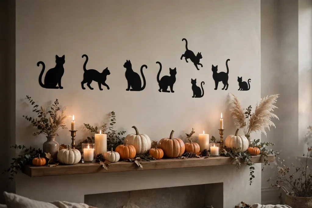 Black Cat Silhouettes on the Wall - indoor halloween decor ideas