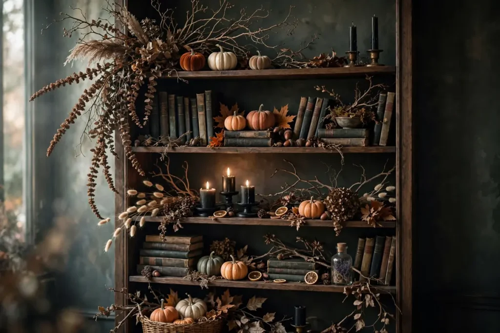 Spooky Bookshelf Styling - indoor halloween decor ideas