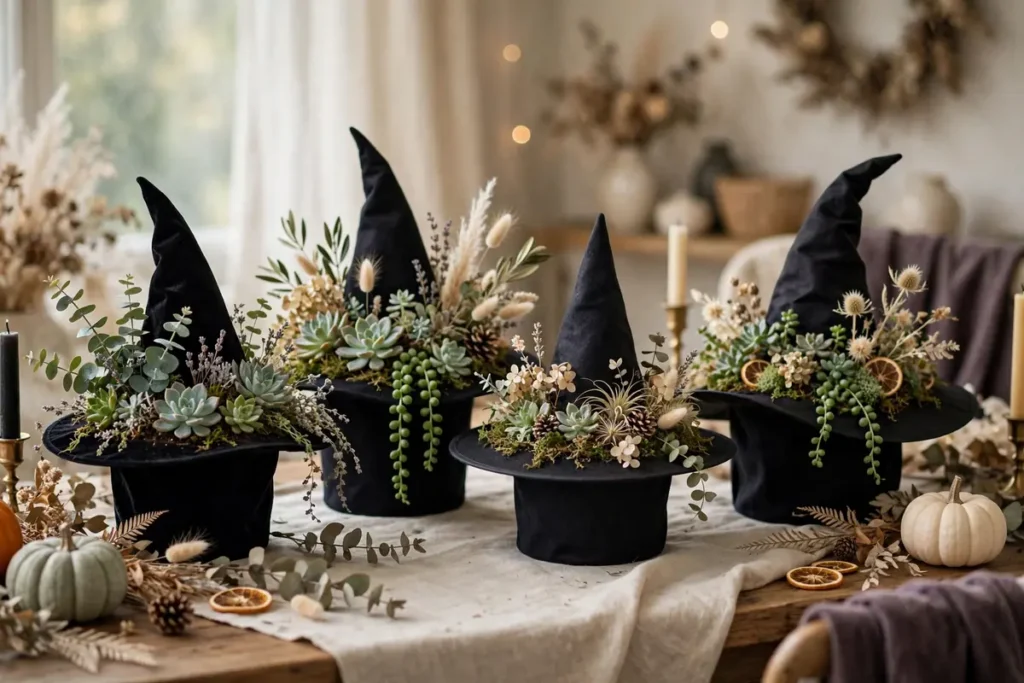 Witch Hat Planters - indoor halloween decor ideas