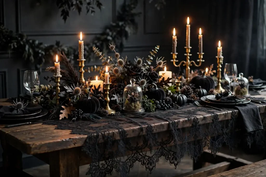 Gothic Table Runner in Black Lace - indoor halloween decor ideas