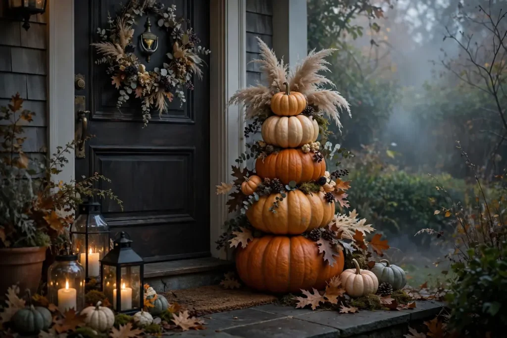 Pumpkin Stack by the Door - indoor halloween decor ideas
