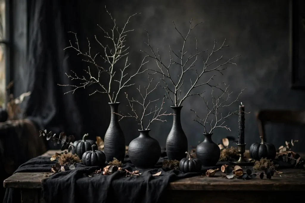 Black Bud Vases with Bare Branches - indoor halloween decor ideas