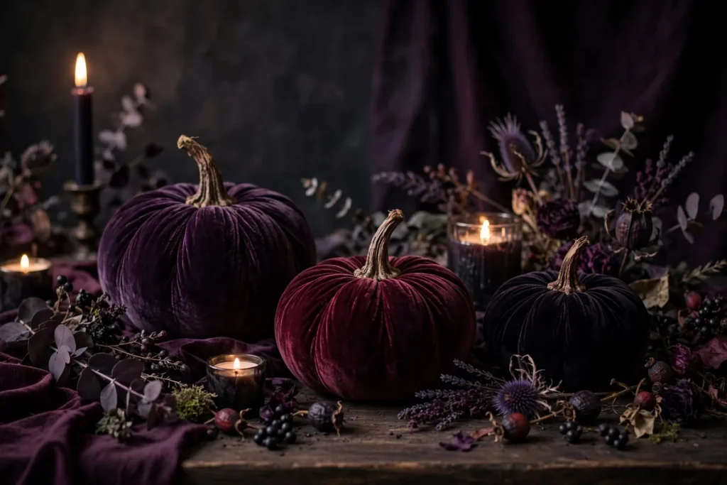 Velvet Pumpkins in Moody Colors - indoor halloween decor ideas