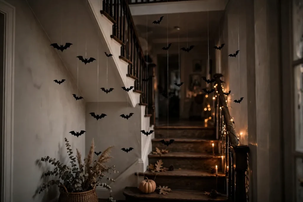Hanging Bats in the Stairwell - indoor halloween decor ideas